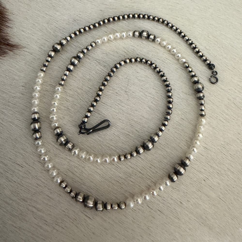 ❤️ 22” 3mm 4mm 5mm Desert Pearls & Fresh Water Pearls NativeMade Navajo Sterling